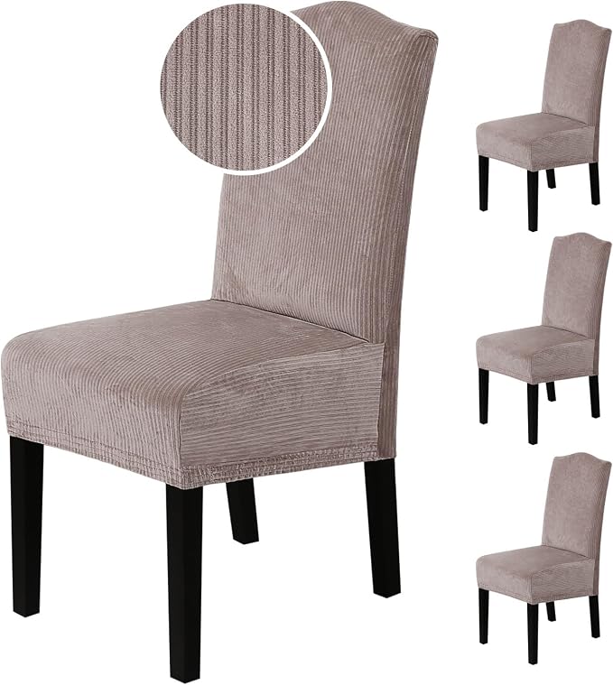 H.VERSAILTEX Velvet Dining Chair Covers Stretch Chair Covers for Dining Room Set of 4 Parson Chair Slipcovers Chair Protectors Covers Dining, Soft Thick Solid Velvet Fabric Washable, Taupe Striped