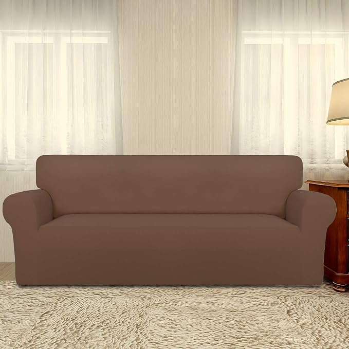 PureFit Stretch Couch Covers for Sofa Large Sofa Slipcovers Brown | 1-Piece Sofa Cover Washable Soft Couch Protector, Couch Slipcover with Non Skid Foam and Elastic Bottom for Kids, Dogs