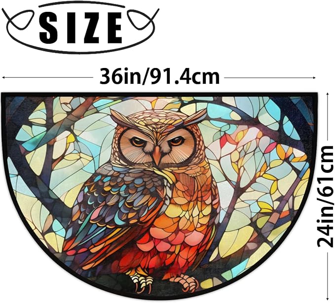 Owl Glass Window Half Round Door Mat, Non-Slip Entrance Welcome Mat for Indoor Semi Circle Bathroom Floor Rugs Outdoor Mats House Entry Way Heavy Duty Doormat for Kitchen Living Room 36x24 Inch