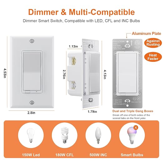 EVA LOGIK Smart WiFi Dimmer Light Switch, Single Pole & 3-Way | Smart dimmer switch for single pole & 3-way circuits, smooth dimming, 2.4GHz WiFi only, neutral wire required
