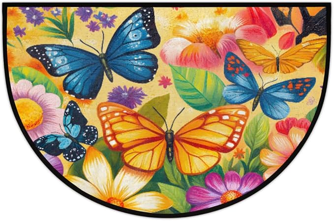 Butterfly Half Round Doormat Non-Slip Semi Circle Rug Half Moon Mat | Color Flowers Washable Soft Absorbent Indoor Outdoor Entrance Kitchen Bathroom Sink Patio Welcome Fireplace Floor Rug