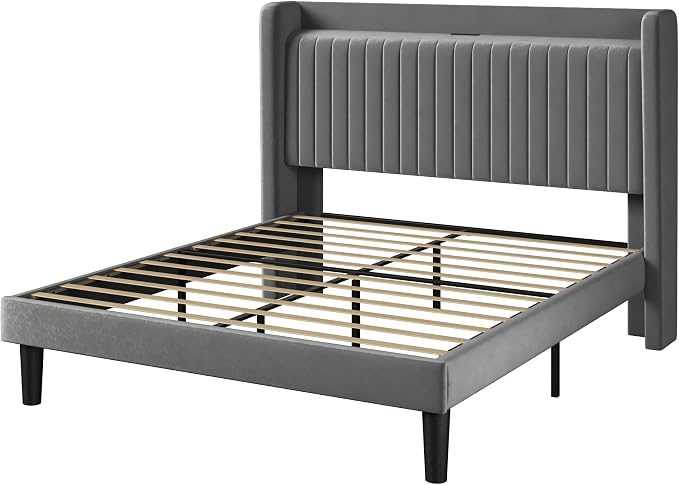 Allewie Queen Size Platform Bed Frame with USB Charging Station and Storage Shelf/Upholstered Velvet Wingback Headboard/Wooden Slats Support/No Box Spring Needed/Easy Assembly, Grey