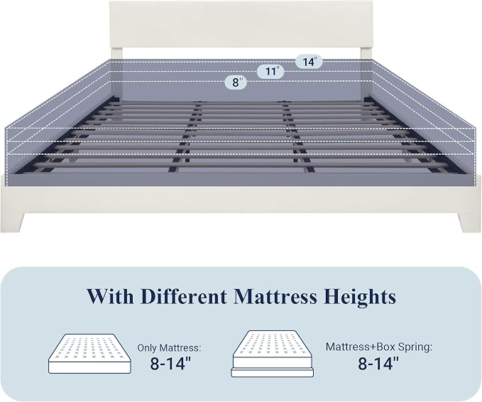 Allewie King Size Upholstered Bed Frame Adjustable Headboard, White | Platform Bed with Heavy Duty Mattress Foundation, Noise-Free, Easy Assembly, Wood Slat Support, No Box Spring Needed