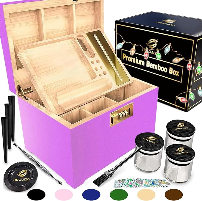 HOVANZO Premium Large Bamboo Storage Box with Organizer Tray - Storage Wood Box and Accessories - Decorative Box with Combination Lock - Large Wooden Container - Box Kit with Glass Jars