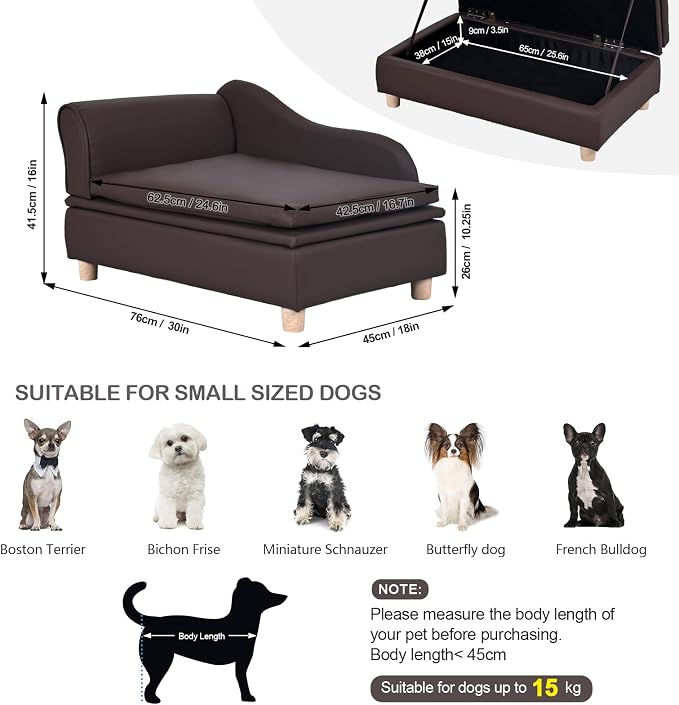 PU Leather Dog Sofa and Chair with Storage - Wooden Frame Cat Sofa Couch with Cushion,Small Pet Bed Sofa for Puppy and Cats (Brown)