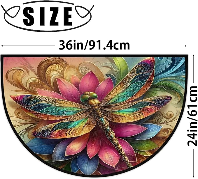 Colorful Dragonfly Gold Half Round Mat Half Moon Door Rug Washable Durable Semi Circle Carpet Floor mats for Indoor Outdoor Bathroom Kitchen Patio Hearth Rug Laundry Room Home Decoration