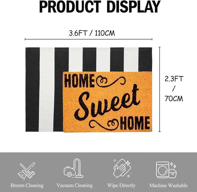 Striped Outdoor Rug 27.5x43 Black and White Front Door Mat, Layering Rug for Porch, Washable Doormat, Cotton Area Rug for Outdoor Entrance Entryway Patio Porch Decor