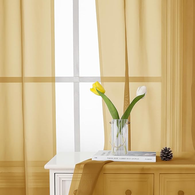 Lecloud Gold Sheer Curtains 72 Inch Length 2 Panels, Light Filtering Voile - Image 7