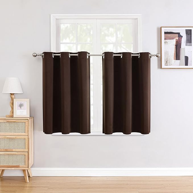 ChrisDowa Small Window Curtains for Kitchen and Bedroom - Grommet Short Thermal Insulated Room Darkening Curtains (2 Panels, Brown, 52 x 36 Inch)