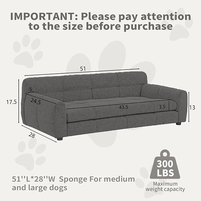 Dog Couch Bed with Backrest and Armrest, Durable Pet Sofa with Soft Foam Cushion, Elevated Dog Couch Bed with Legs for Medium and Large Dogs, Stone Grey