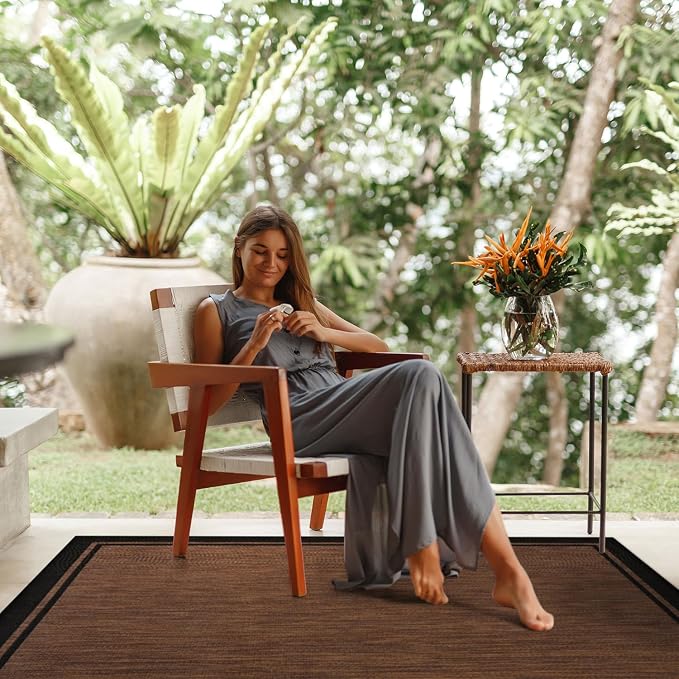 CAMILSON Indoor Outdoor Rug, 8x10 Bordered Nut Brown Black Modern Area Rugs for Indoor and Outdoor Patios, Kitchen and Hallway Mats, Washable Porch Deck Outside Carpet (Bordered Nut Brown, 8 x 10)