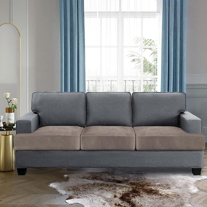 H.VERSAILTEX Stretch Velvet 3 Piece T Cushion Sofa Slipcovers - Individually Fitting Cushion Covers for 3 Cushion Couch - Stay in Place (Taupe)