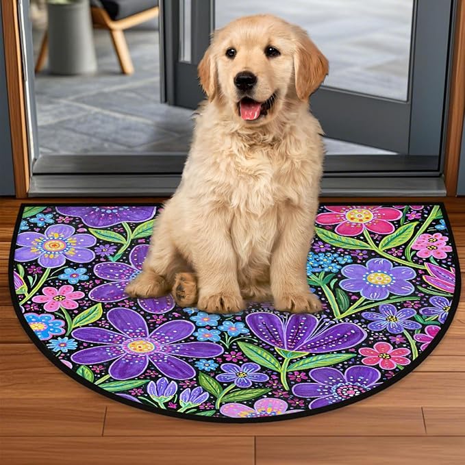 Daisy Half Round Door Mat Semi Circle Rug Half Moon Doormat | Soft Washable Colorful Purple Welcome Entrance Mat for Outdoor Indoor Floor Bedroom Bathroom Home Kitchen Festival Decor