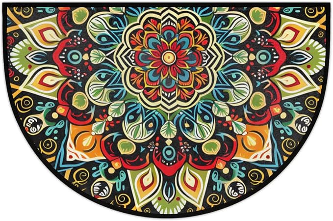 Half Round Door Mat Ethnic Flower Colorful Mandala Non-Slip Semi Circle Area Rug Washable Half Moon Hearth Rugs for Indoor Outdoor Bathroom Kitchen Patio Runner Mat Laundry Room Home Decoration