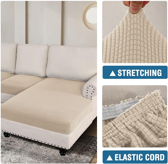 H.VERSAILTEX Sectional Couch Covers 4 Pieces Sofa Seat Cushion Covers L Shape Separate Cushion Couch Chaise Cover for Both Left/Right Sectional Couch (Seat Only: 1 Chaise + 3 Sofa, Natural)