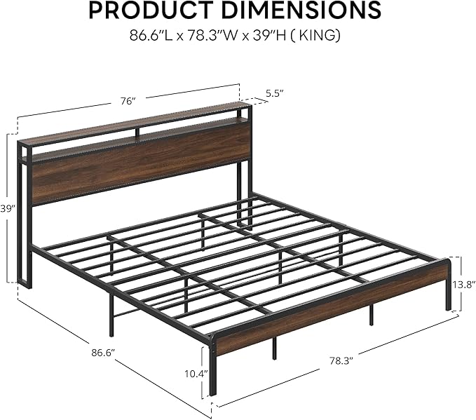 LIKIMIO King Size Bed Frame with 2-Tier Storage Shelf Headboard | Dark Wood Platform Bed, Camas King with Strong Metal Supports, Sturdy, Noise-Free, No Box Spring Needed, Dark Walnut