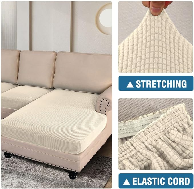 H.VERSAILTEX Sectional Couch Covers 3 Pieces Sofa Seat Cushion Covers L Shape Separate Cushion Couch Chaise Cover for Both Left/Right Sectional Couch (Seat Only: 1 Chaise + 2 Sofa, Cream)
