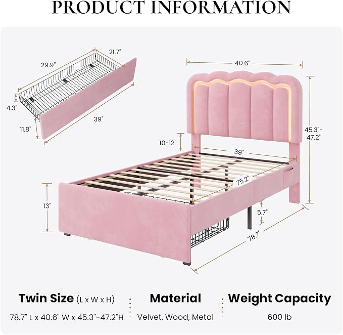 SHA CERLIN Twin Size Bed Frame with LED Lights and Storage Drawer, Pink | Upholstered Velvet Platform Bed with Adjuatable Wavy Headboard, Noise-Free, Easy Assembly,No Box Spring Needed