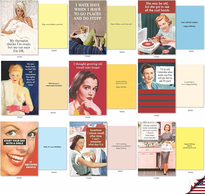 NobleWorks Vintage Femme Sassy Cards 36 Assorted Funny Birthday Cards, Mixed Vintage Retro Naughty Humor Women Bulk Box Set Envelopes (36 Designs, 1 Each) Ephemera Femme Festival AC9377BDG-B1x36