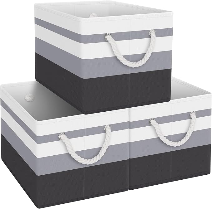 Fab totes Storage Bins 3-Pack, Foldable Storage Baskets for Organizing Toys, Books, Shelves, Closet, Large Storage Box with Rope Handles, Sturdy Organizer Bins,Gradient Grey