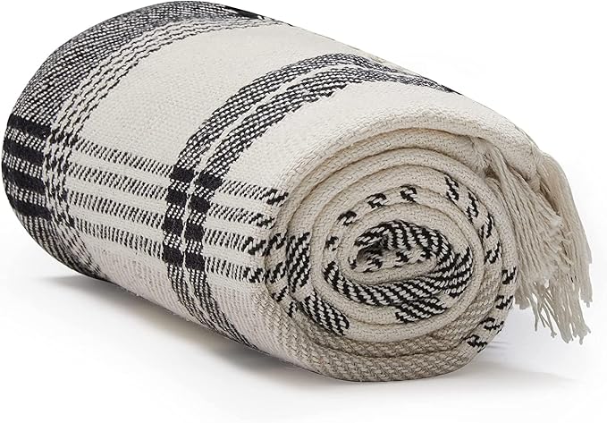 Americanflat 50x60 Throw Blanket - Soft and Breathable Cotton Throw Blanket for Couch, Bed, Chair - Decorative Blankets Perfect for Home, Office, or Outdoor Use - Black and Beige Plaid Design