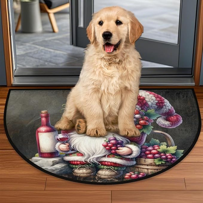 Gnome Wine Half Round Rug Half Moon Door Mat Half Circle Rugs | Grape Modern Washable Non-Slip Semi Circle Rug Welcome Half Round Door Mat Indoor Entrance Kitchen Bedroom Living Room Decor