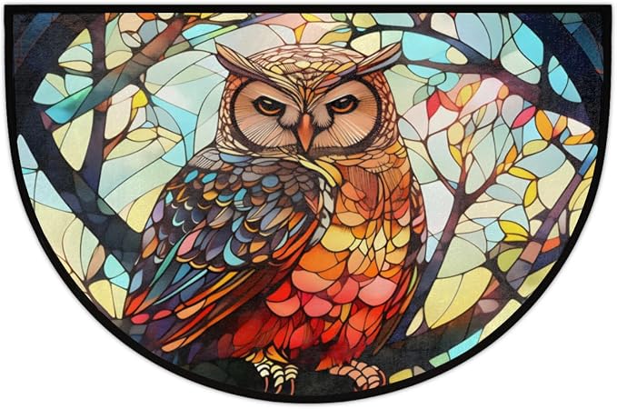 Owl Glass Window Half Round Door Mat, Non-Slip Entrance Welcome Mat for Indoor Semi Circle Bathroom Floor Rugs Outdoor Mats House Entry Way Heavy Duty Doormat for Kitchen Living Room 36x24 Inch