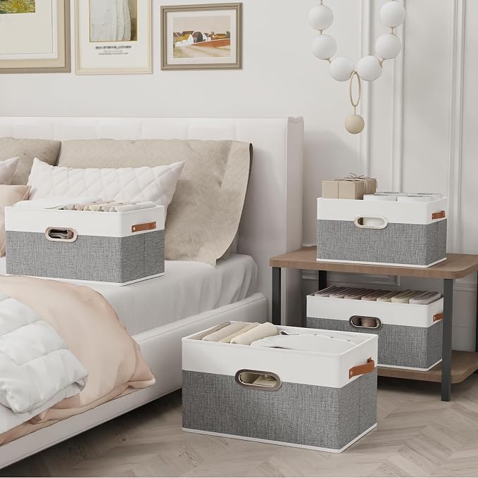 Yawinhe Fabric Storage Baskets,13.0x9.1x7.9in,White/Grey,4-Pack | Foldable Storage Bins for Shelves, Closet Bins for Organization, Collapsible Storage Baskets for Towels, Rectangle Basket