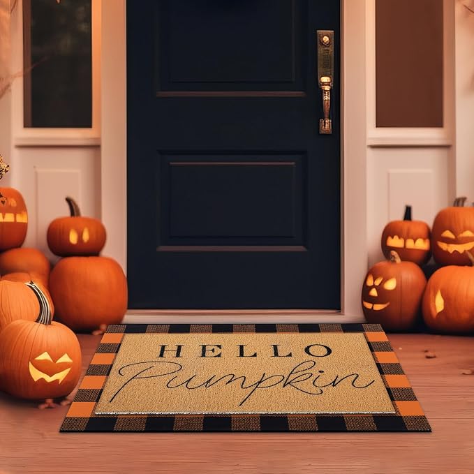 Tinideya 2 Pcs Fall Layering Door Mat Sets, Hello Pumpkin Coir Mats with Black Orange Rug for Autumn Thanksgiving Front Porch Entryway Decor
