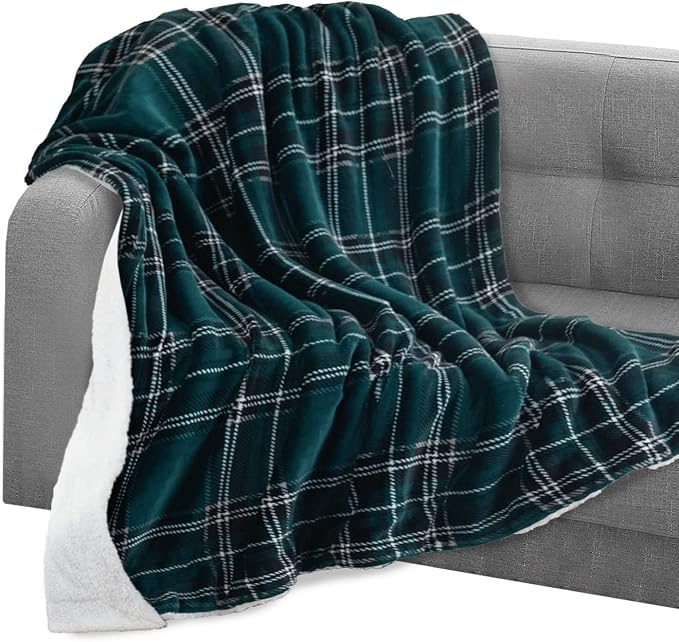 Elegant Comfort Throw Blanket, Reversible Sherpa Flannel, Ultra-Soft, Fuzzy, Cozy and Plush- All Season Lightweight Decorative Throw, 50 x 60 inches, Plaid Design Sherpa Throw, Green (Pack of 5)