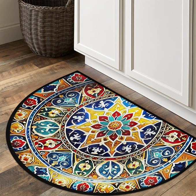 Art Mandala Half Round Door Mat Non Slip Half Circle Rugs | Ethnic Colorful Washable Half Moon Rug Semi Circle Rugs Indoor Entrance Floor Carpet for Kithen Bedroom Fireplace Decor