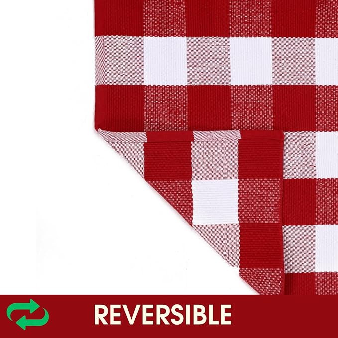Christmas Red and White Plaid Rug, 28 x 43 Inches Cotton Hand-Woven Layered Door Mat for Front Porch, Entryway, Outdoor Holiday Decor, Washable Buffalo Check Rug for Home, Patio, Kitchen