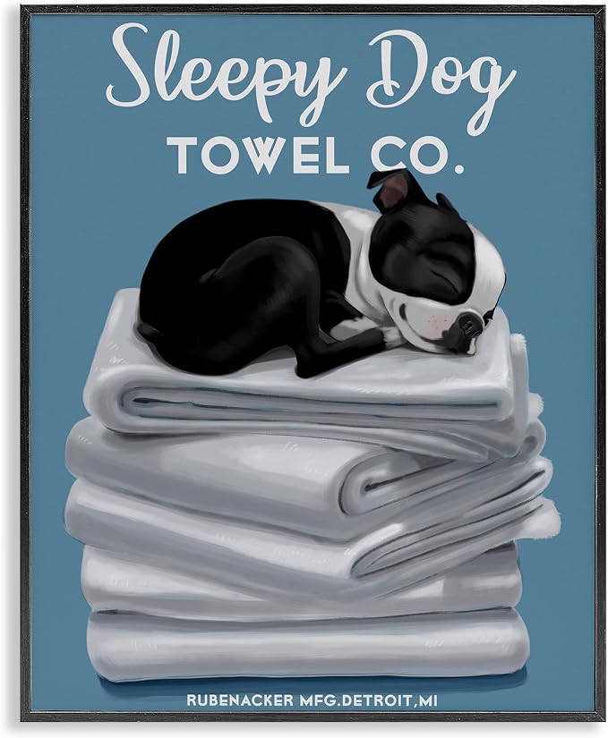 Stupell Industries Sleepy Dog Towel Co. Adorable Boston Terrier Bathroom, Design by Brian Rubenacker Black Framed Wall Art, 24 x 30, Blue