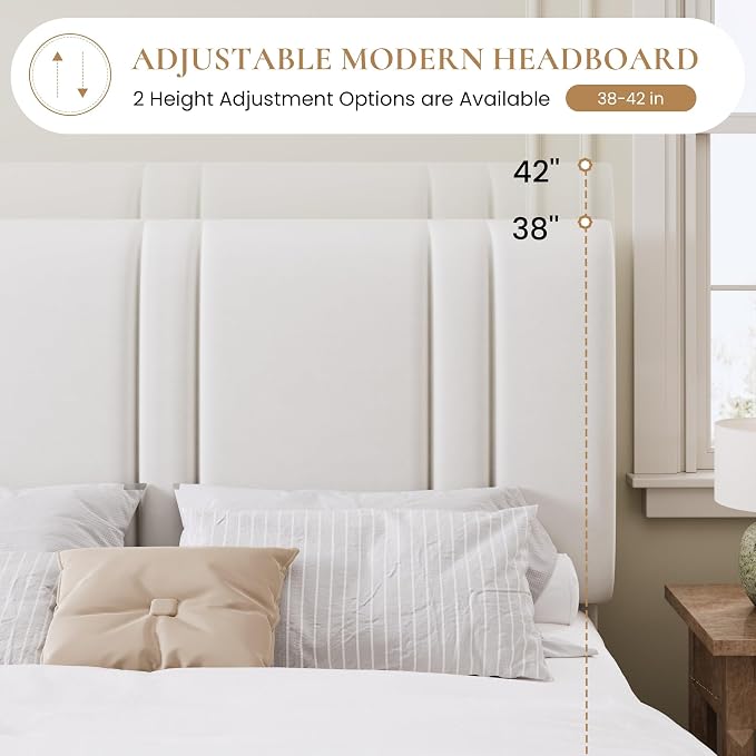 SHA CERLIN California King Bed Frame, Velvet Upholstered Bed with Adjustable Headboard, Vertical Channel Tufted Design, Sturdy Wood Slat Support, No Box Spring Needed, Easy Assembly, White