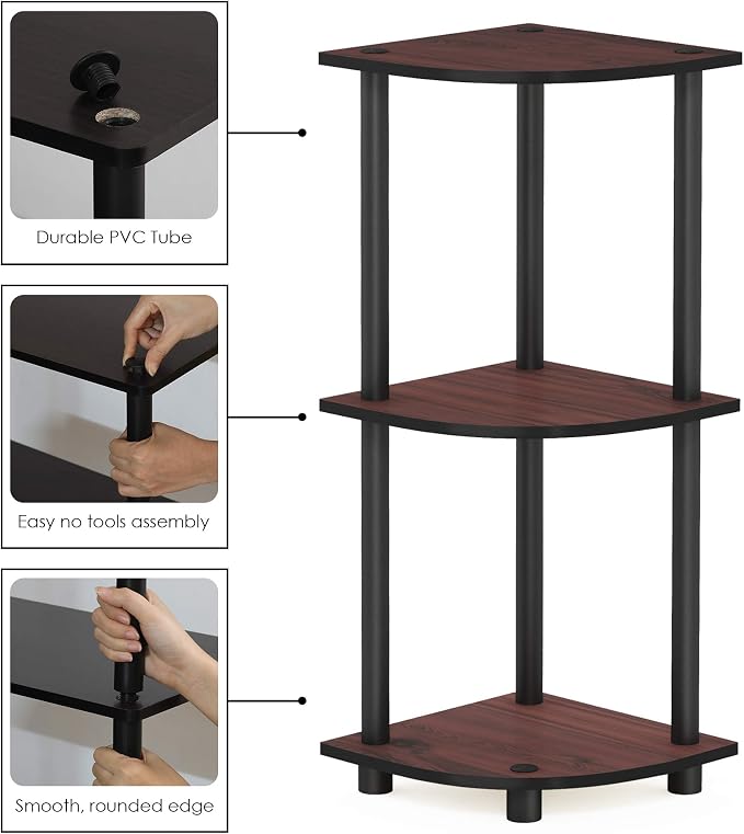 Furinno TURN-N-TUBE Corner Shelf, 3-Tier Corner Bookshelf, Display Storage Shelves with Open Shelves, for Organization and Storage, Living Room, Home Office, Garage, Dark Cherry