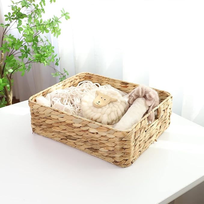 YAHUAN Water Hyacinth Storage Basket, Handwoven, 15.35L x 12W x 4.72H in, Brown | Shallow Drawer Basket With Handle Wicker basket for Shelf