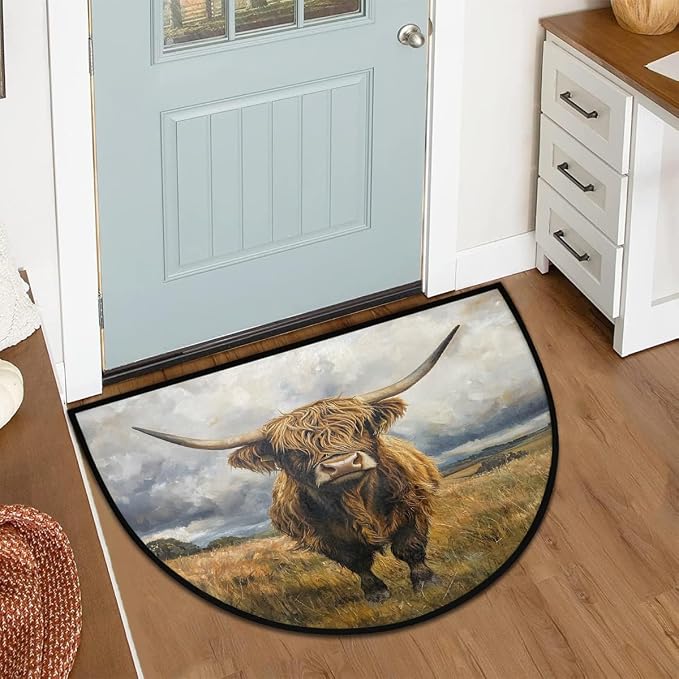 Half Round Door Mat Animal Highland Cow Anti-Slip Semi Circle Rug 24X36 Indoor Door Mat Half Moon Bath Mats, Washable Decorative Welcome Floor Mats for Kitchen Bathroom Hearth Fireplace,A-1208