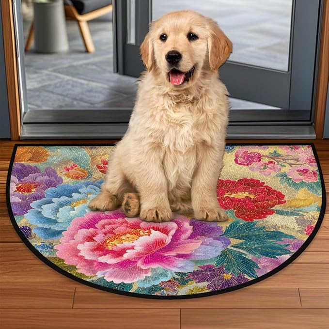 Flower Half Round Door Mat Semi Circle Rug Half Moon Doormat | Soft Washable Colorful Ornate Welcome Entrance Mat for Outdoor Indoor Floor Bedroom Bathroom Home Kitchen Festival Decor