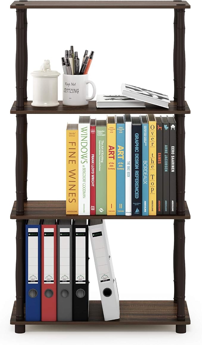 Furinno Turn-N-Tube 4-Tier Multipurpose Shelf Display Rack, Classic Tubes, Walnut/Brown | Book Shelf, Corner Shelf, Open Shelves, Classic Tubes, for Organization, Living Room, Home Office
