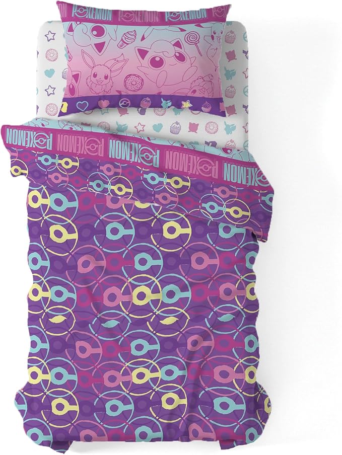 Northwest Pokemon Light and Sweet Twin Size Bed in a Bag Set, Pikachu Eevee Jigglypuff, Kids Boys Girls Bedding Comforter Sheets