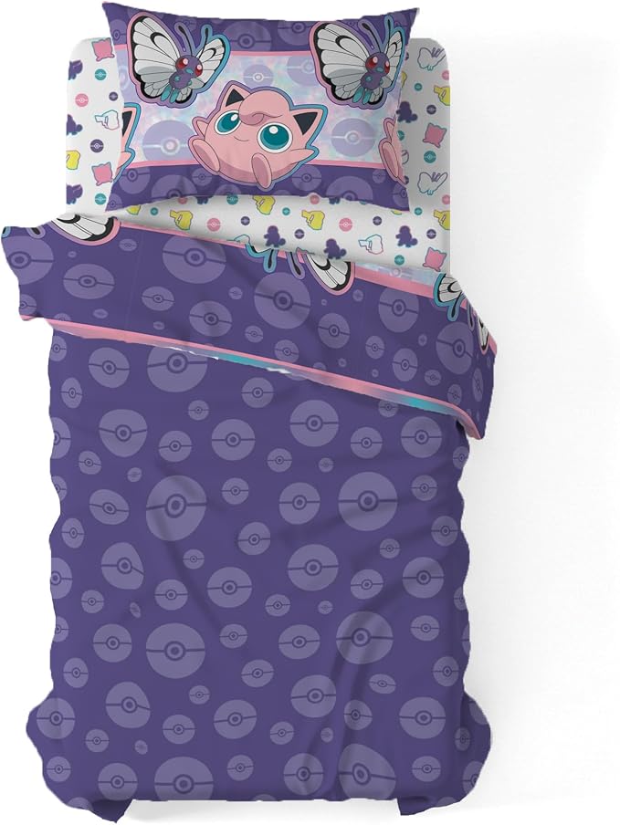 Northwest Pokemon Friendly Battle Twin Size Bed in a Bag Set, Pikachu Eevee Jigglypuff Squirtle, Kids Boys Girls Bedding Comforter Sheets