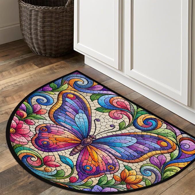 Butterfly Half Round Rug Half Moon Door Mat Half Circle Rugs | Rainbow Floral Washable Non-Slip Semi Circle Rug Welcome Half Round Door Mat Indoor Entrance Bedroom Living Room Decor B772