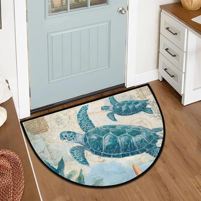 Turtle Ocean Half Round Door Mat Welcome Entrance Mat Bath Bathroom Rug | Turtle Ocean Welcome Entrance Mat Anti-Slip Half Moon Bath Mat Semi Circle Rug Indoor Outdoor Kitchen Rug