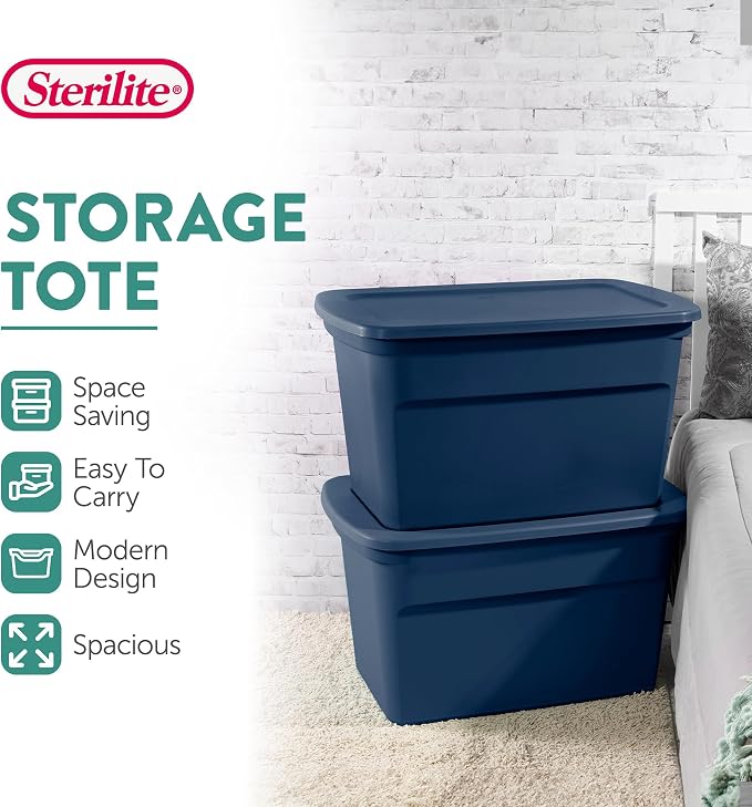 Sterilite Tote, Plastic Storage Bins with Snap Lids, 30 Gallon, 24-Pack | Marine Blue - Stackable Home Organizers with In-Molded Handles for Bedroom, Garage, Basement and Attic