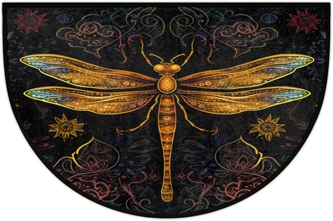 Boho Dragonfly Half Round Door Mat Welcome Entrance Mat Bath Bathroom Rug | Boho Dragonfly Welcome Entrance Mat Anti-Slip Half Moon Bath Mat Semi Circle Rug Indoor Outdoor Kitchen Rug