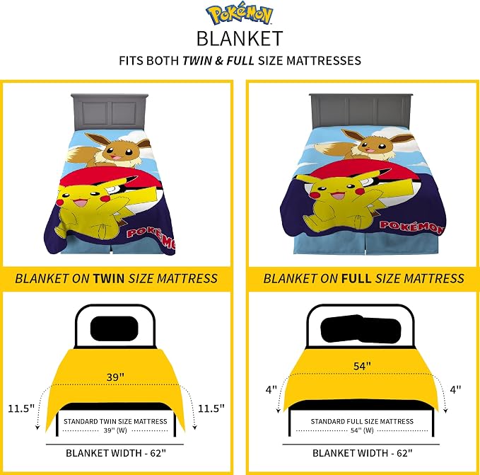 Franco Kids Bedding Super Soft Plush Micro Raschel Blanket, 62 in x 90 in, Pokemon - Design may vary