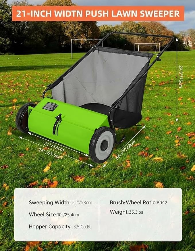 21-Inch Push Lawn Sweeper,7 Cu. Ft. Large Capacity Collection Bag | 4 Spinning Brushes, Adjustable Height, Durable Steel Frame with Rubber Wheels for Grass, Leaves,Debris On All Terrains