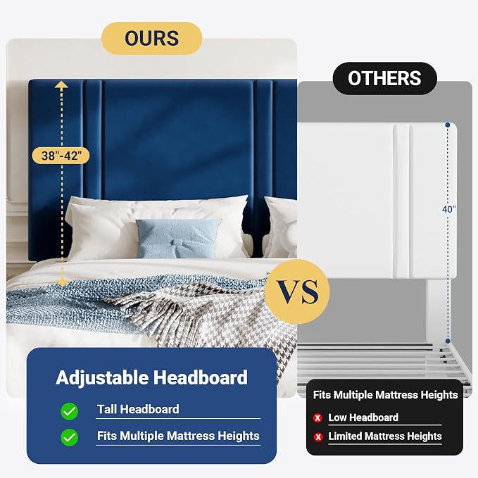 Allewie California King Size Platform Bed Frame with Adjustable Headboard | Plush Velvet Upholstered, Vertical Channel Tufted, Sturdy Wood Slats, No Box Spring Needed, Easy Assembly, Blue