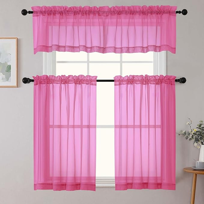 Hot Pink Valances for Windows, Hot Pink Sheer Curtains 14 Inch Length 2 Pack - Image 2