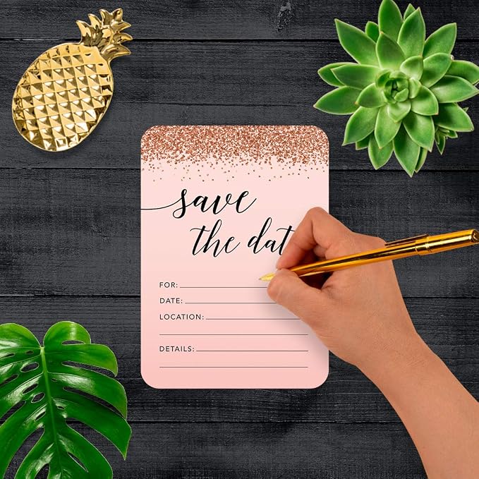 Andaz Press Blush Pink and Rose Gold Glitter Elegant Party Collection, 5x7-inch Invitations with Envelopes, Save The Date, 24-Pack, Double Sided Printing, Heavy Card Stock, Includes Envelopes